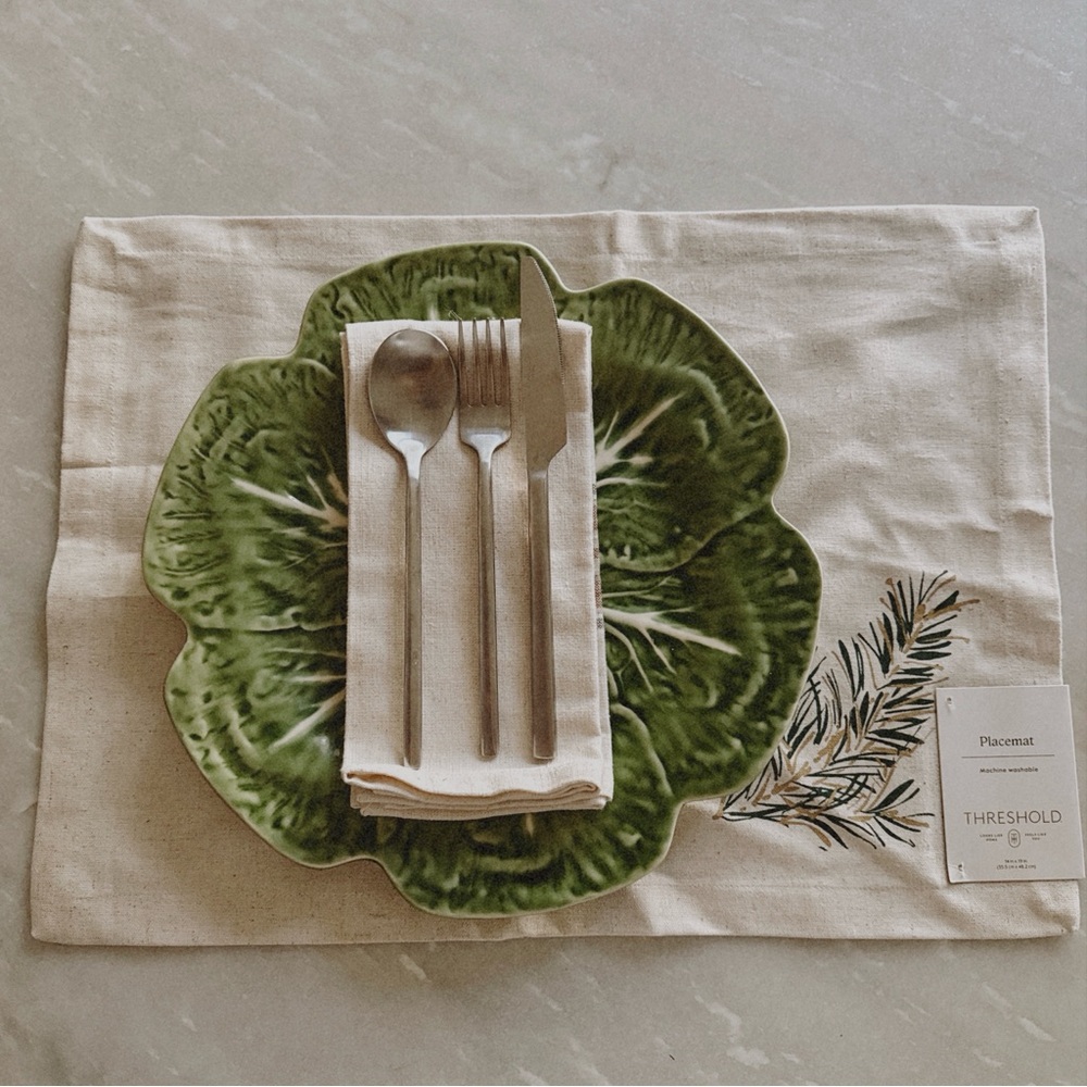 Set of 6 Christmas Placemats Pine Ivory Green Gold Cotton/Linen - Threshold